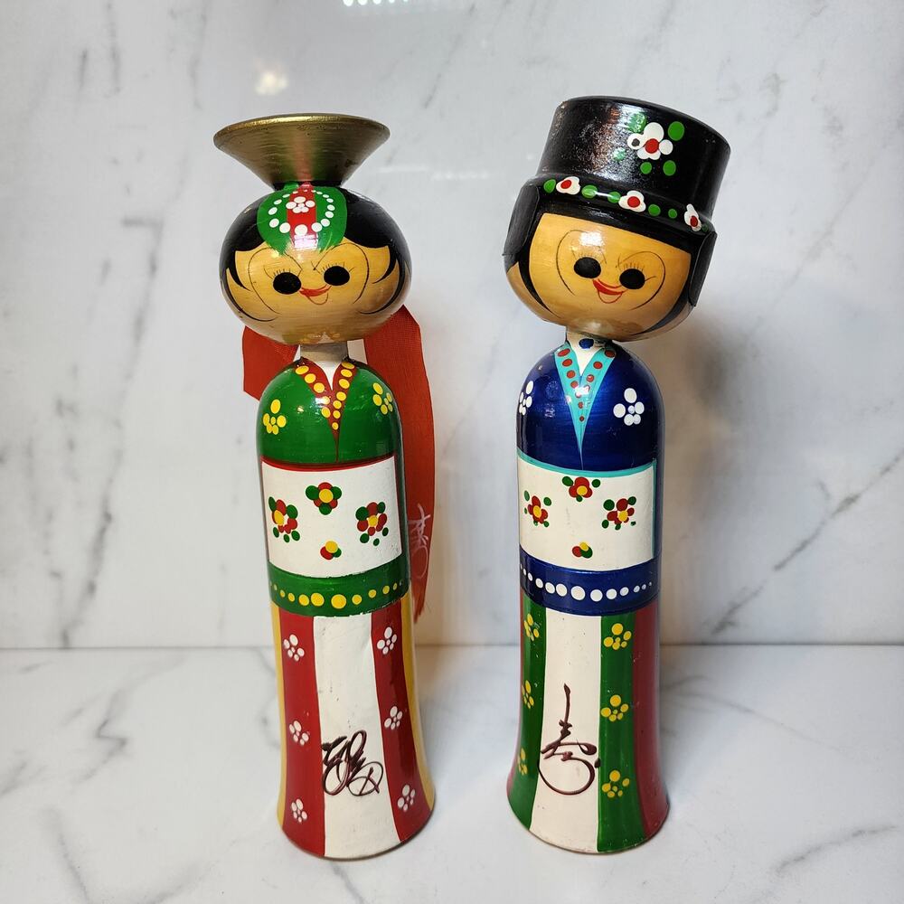 Handcrafted Japanese Kokeishi Wedding Bobblehead Pair-Vintage Asian Collectibles